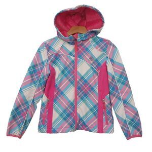 Snozu Hooded Jacket Girls Medium 10/12 Pink Blue Fleece Inside Full Zip Winter